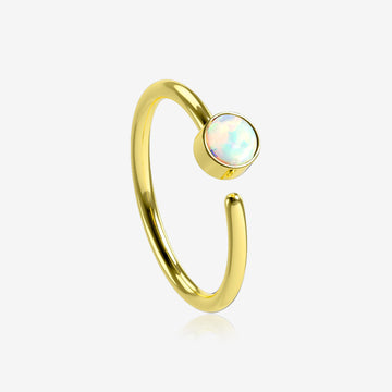 Golden Fire Opal Sparkle Bezel Set Bendable Hoop Ring-White Opal
